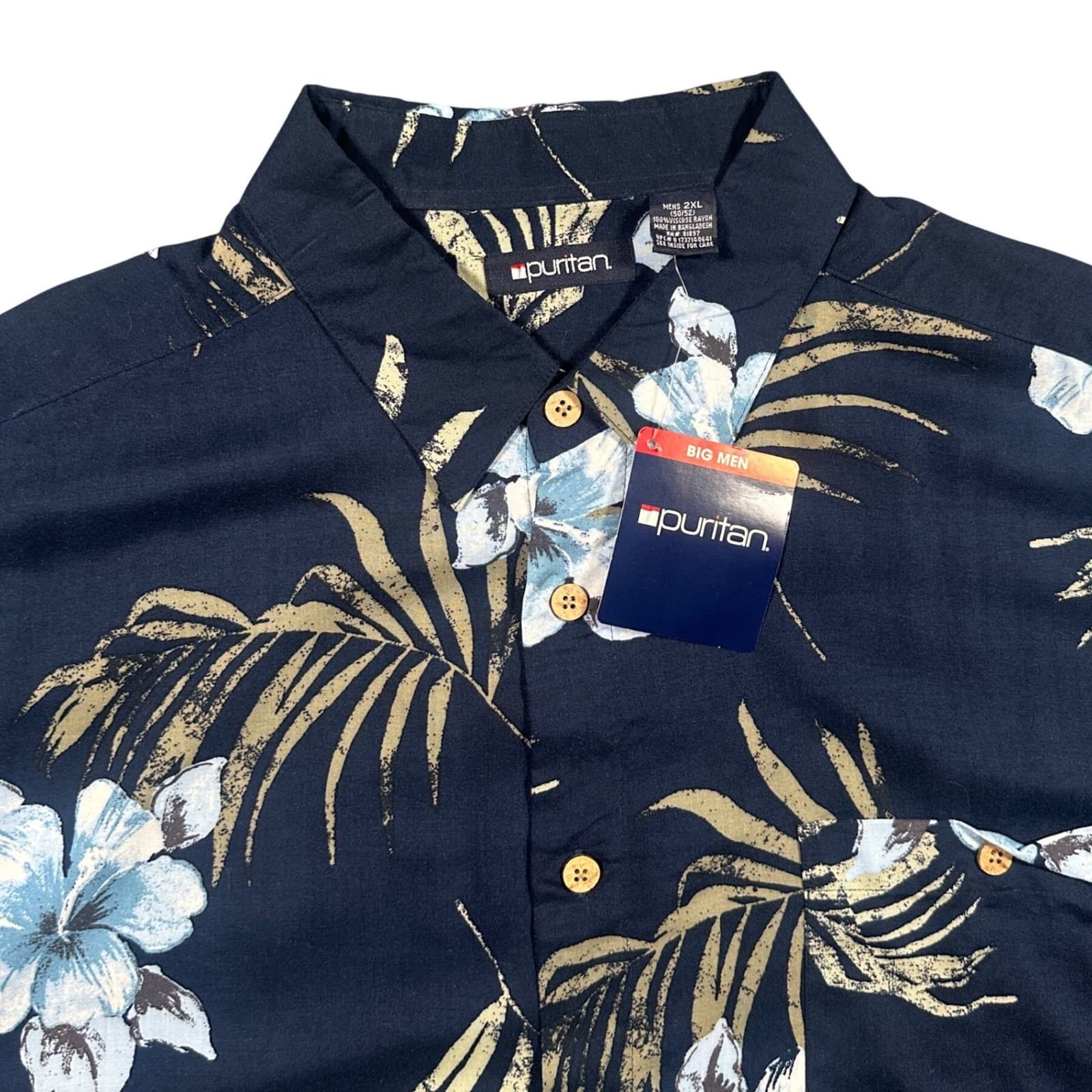 Puritan Button Down Shirt Mens 2XL Navy Blue New Tropical Floral Rayon Big Men - Thumbnail 5