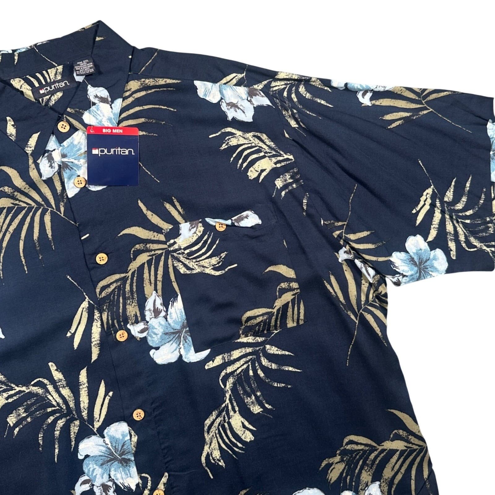 Puritan Button Down Shirt Mens 2XL Navy Blue New Tropical Floral Rayon Big Men - Thumbnail 3