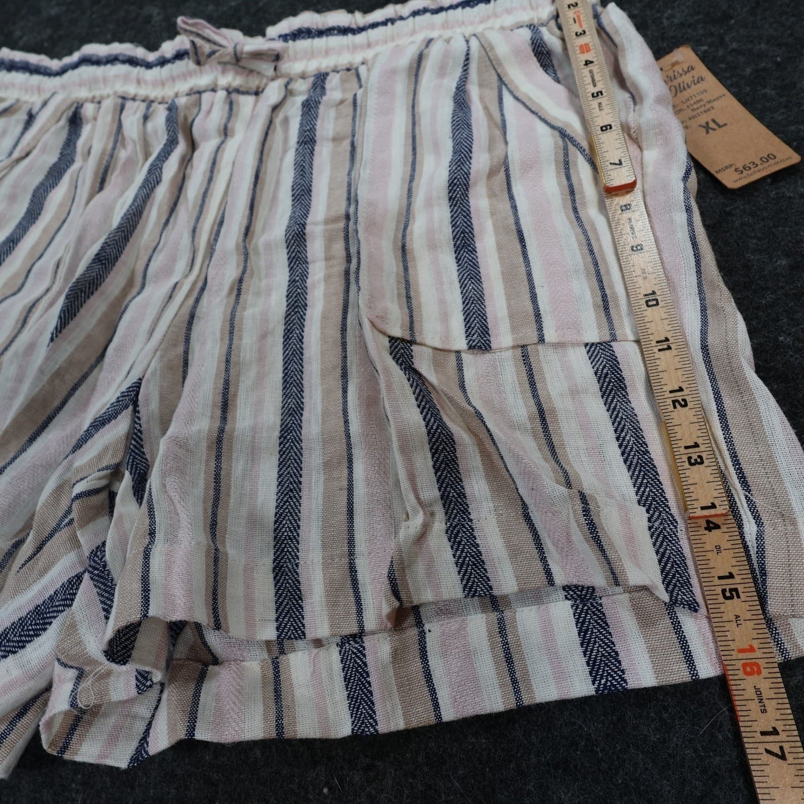 Marissa Olivia Shorts Womens XL Navy Mauve Linen Rayon Striped Elastic Waist New - Thumbnail 3