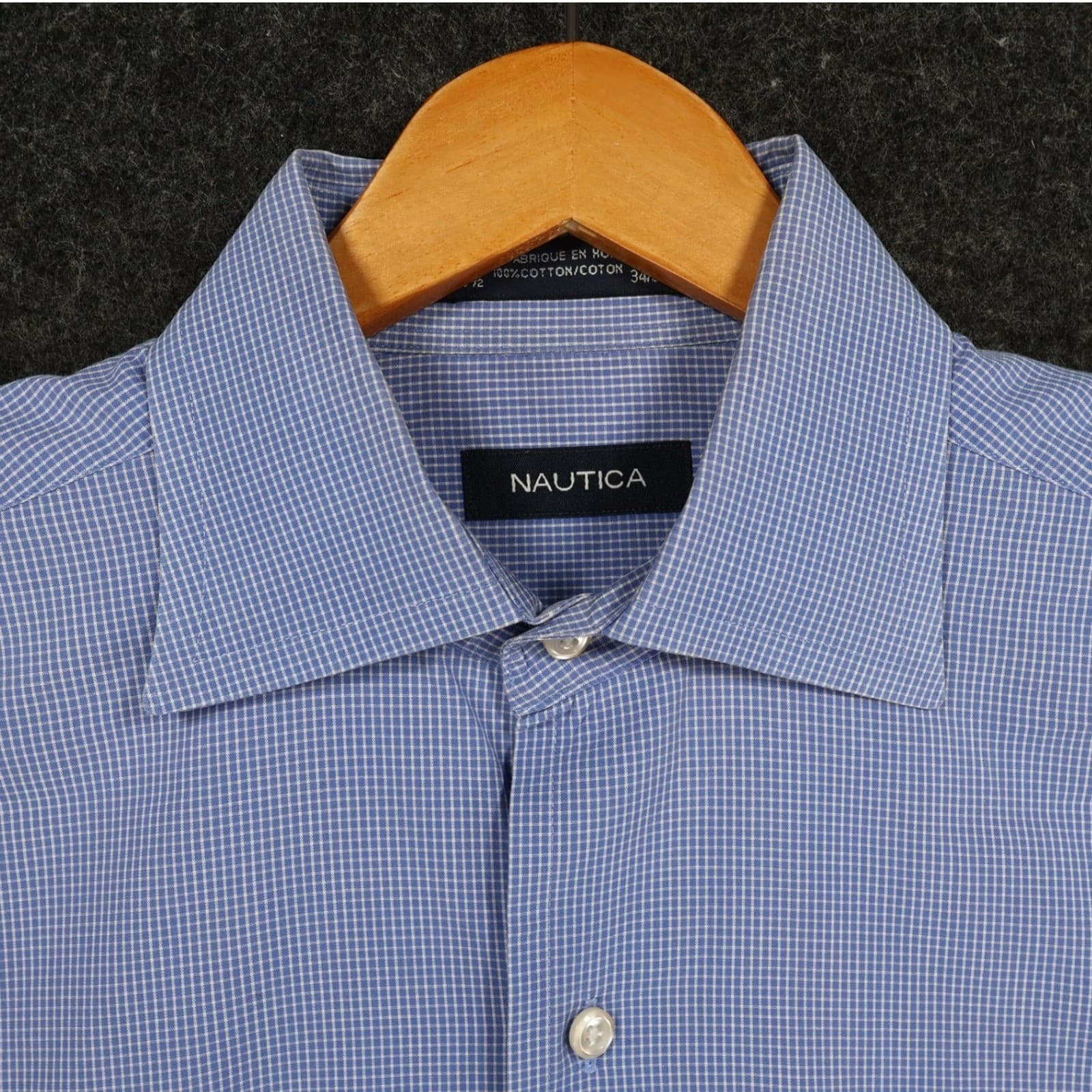 Nautica Button Down Shirt Mens 15.5 Blue Cotton Regular Fit Micro Check Dress - Thumbnail 8