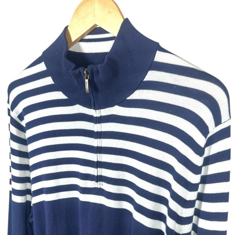 Brooks Brothers Men's Navy White Striped 1/4 Zip Mock Neck Sweater Large Cotton - Thumbnail 4