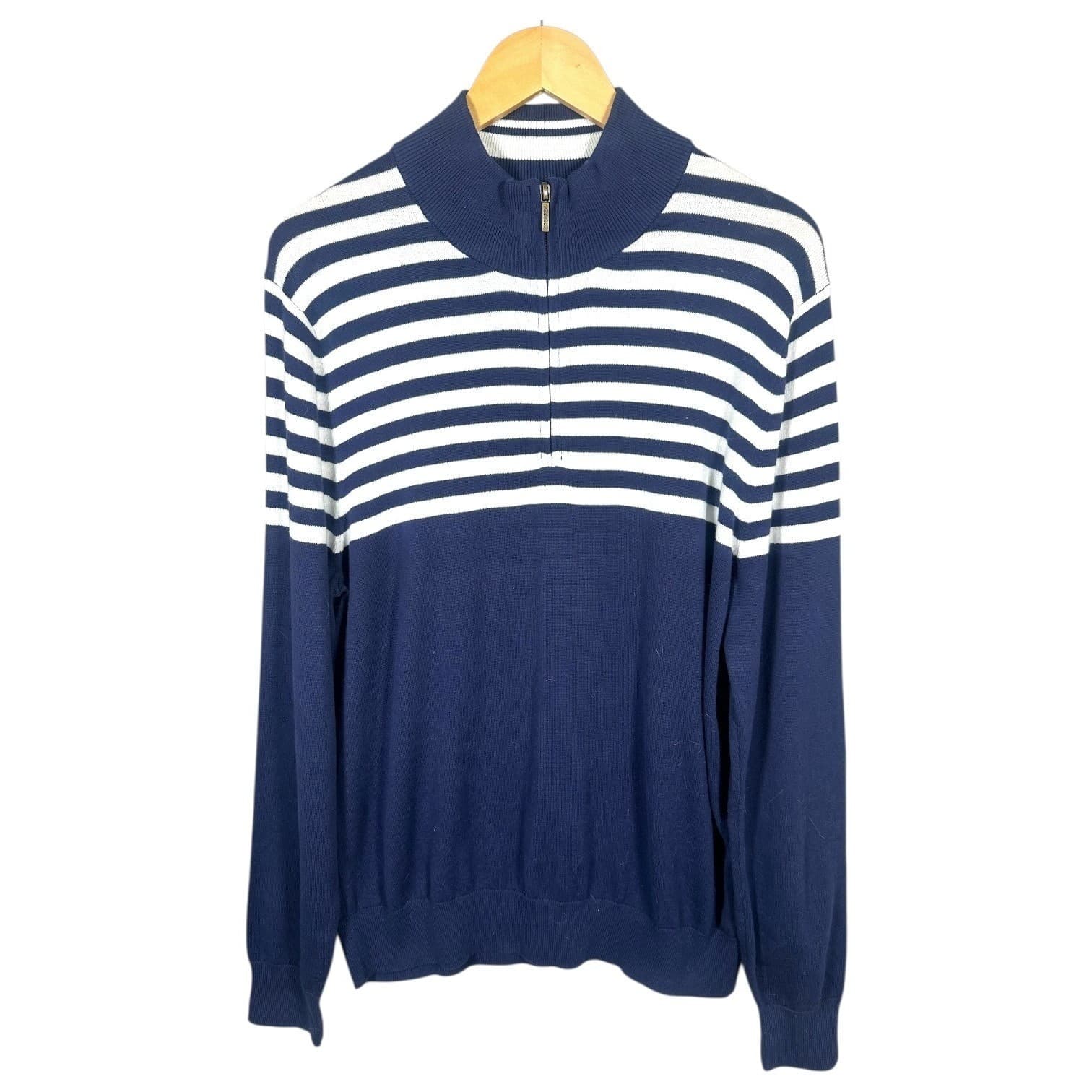 Brooks Brothers Men's Navy White Striped 1/4 Zip Mock Neck Sweater Large Cotton - Thumbnail 2
