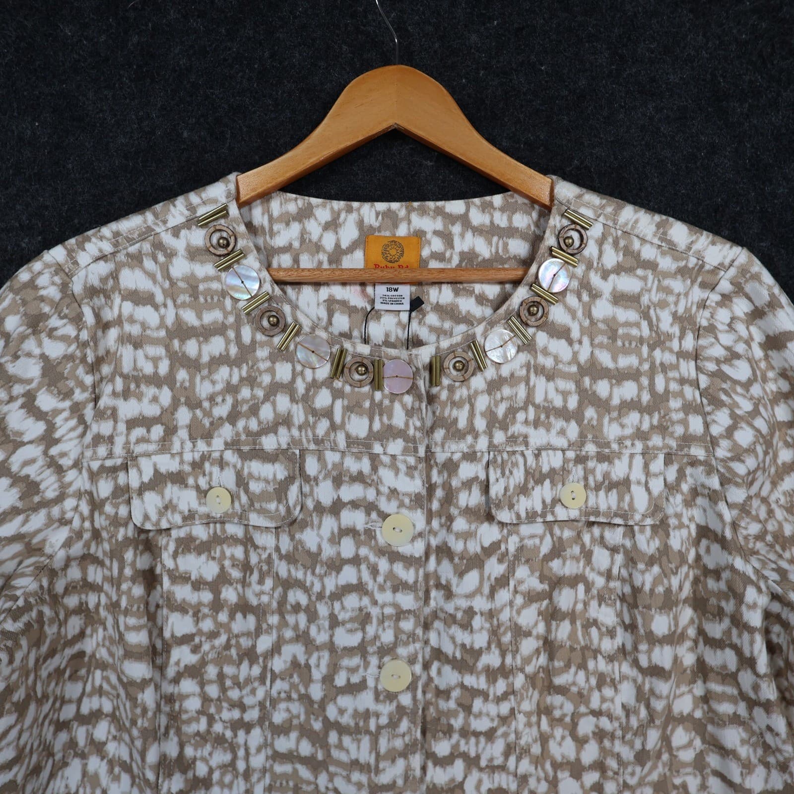 Ruby Rd Jacket Womens 18W Tan White Cotton Blend Embellished Button Up Blazer - Thumbnail 3