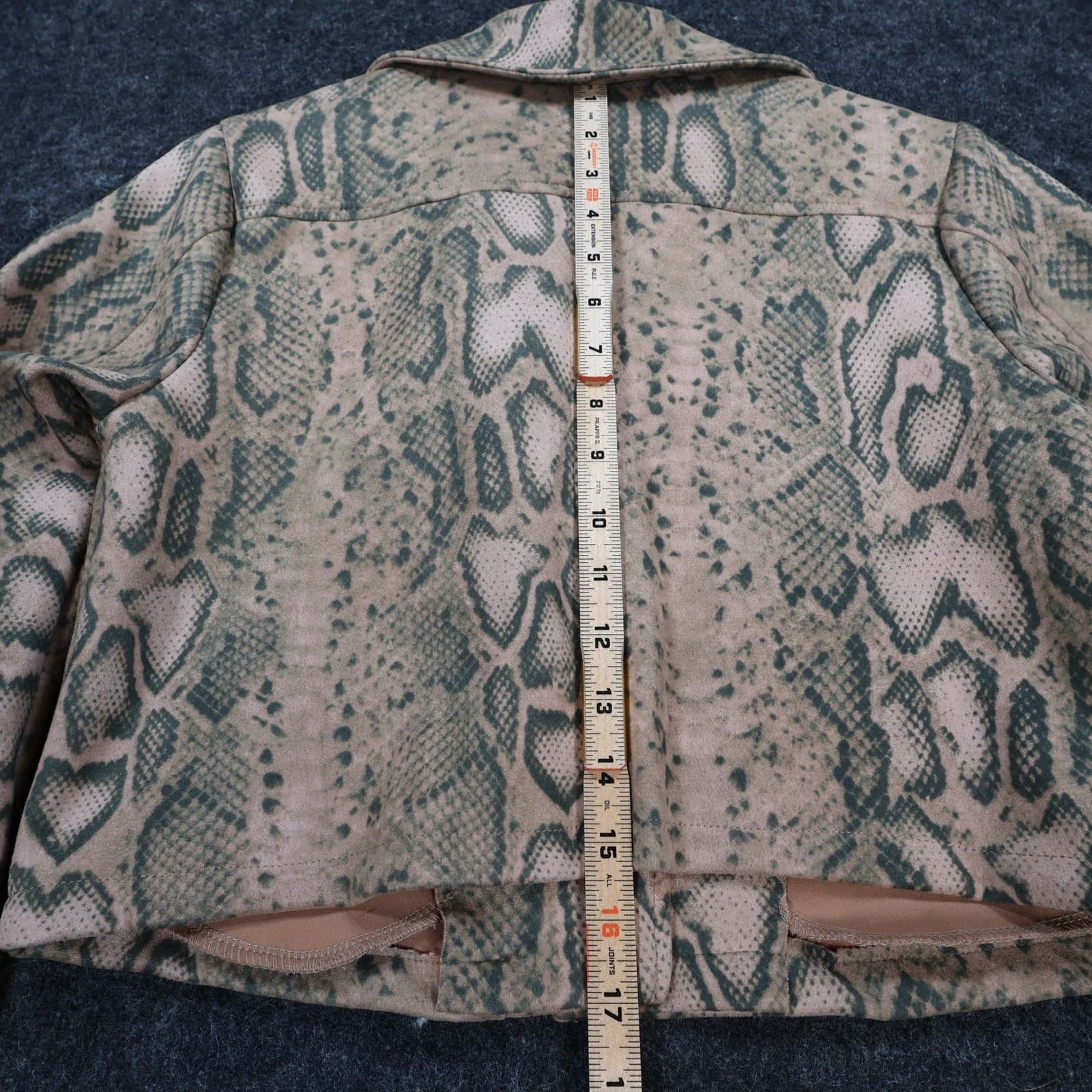 Anna Cai Moto Jacket Womens Small Tan Green Faux Suede Snakeskin Cropped Biker - Thumbnail 5