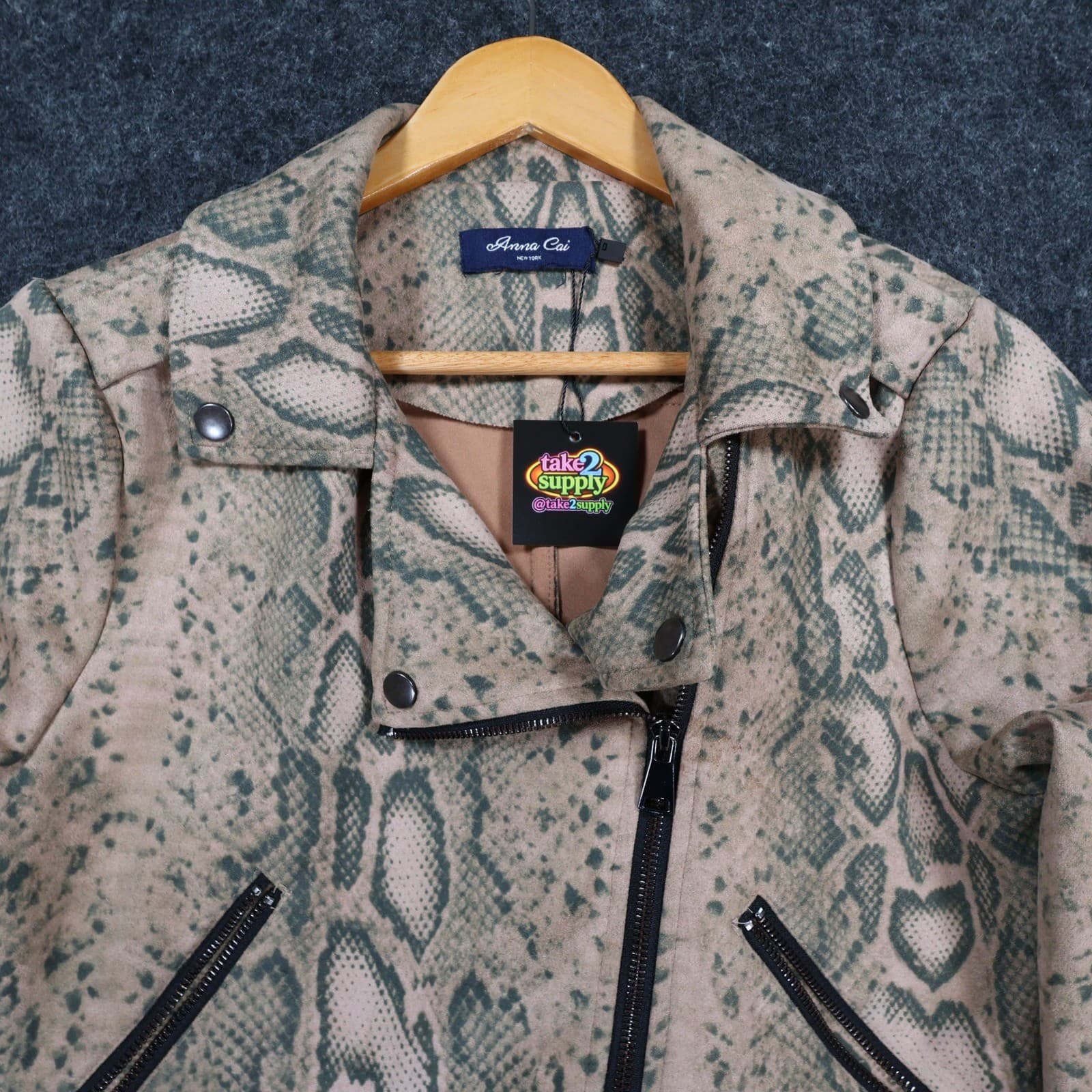 Anna Cai Moto Jacket Womens Small Tan Green Faux Suede Snakeskin Cropped Biker - Thumbnail 8