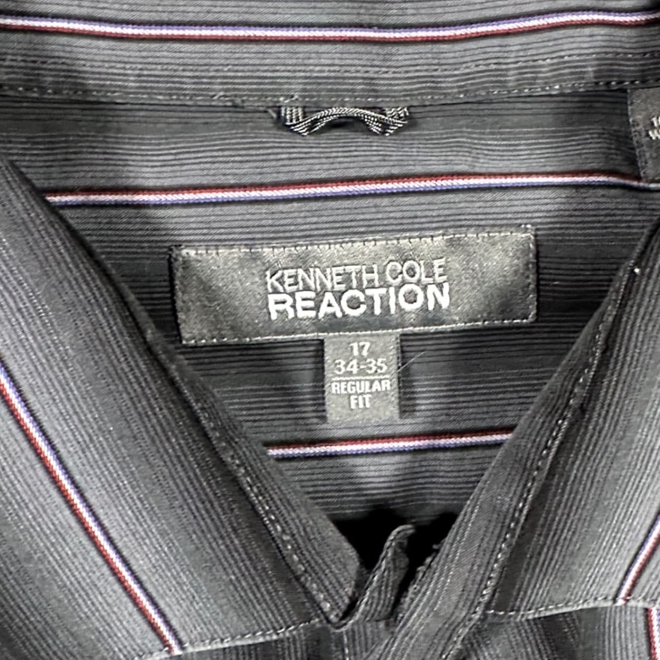 Kenneth Cole Reaction Button Down Mens 17 34-35 Grey Wrinkle Free Striped - Thumbnail 7