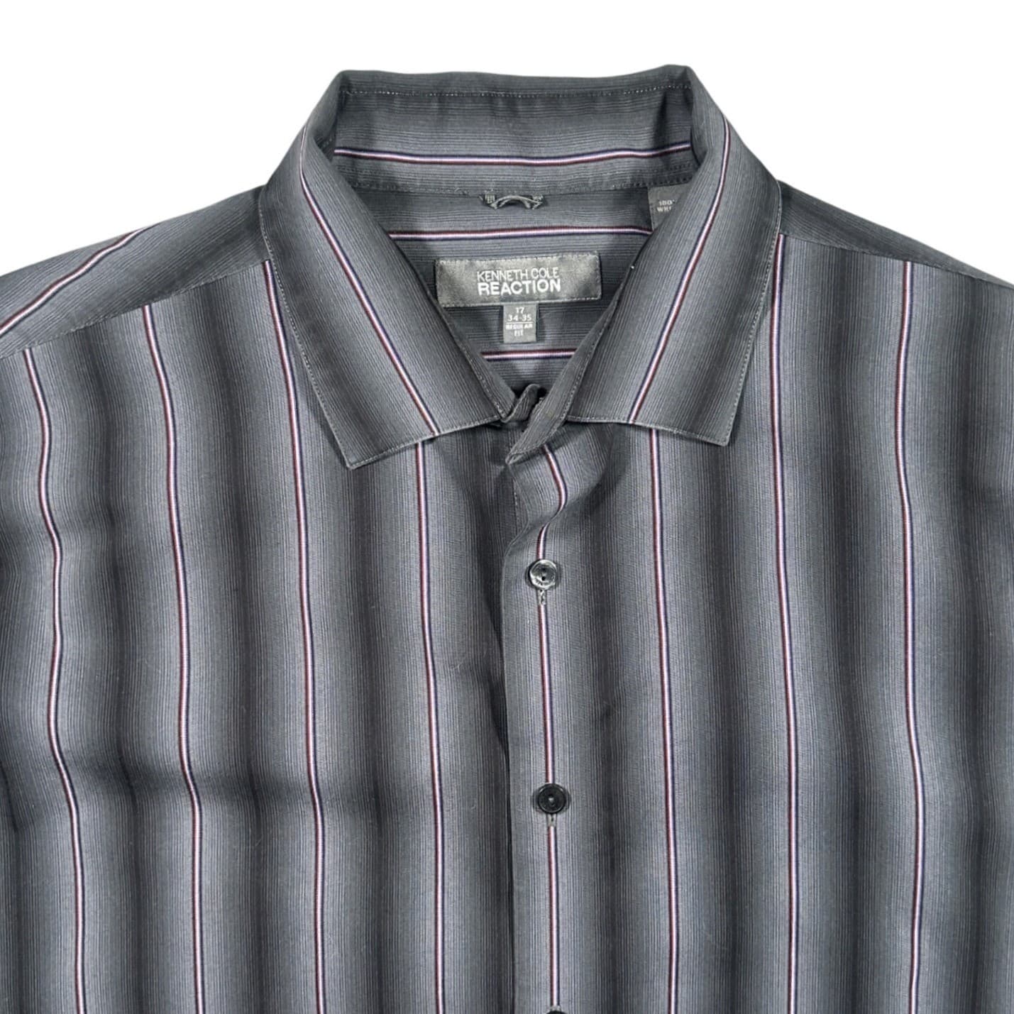 Kenneth Cole Reaction Button Down Mens 17 34-35 Grey Wrinkle Free Striped - Thumbnail 4