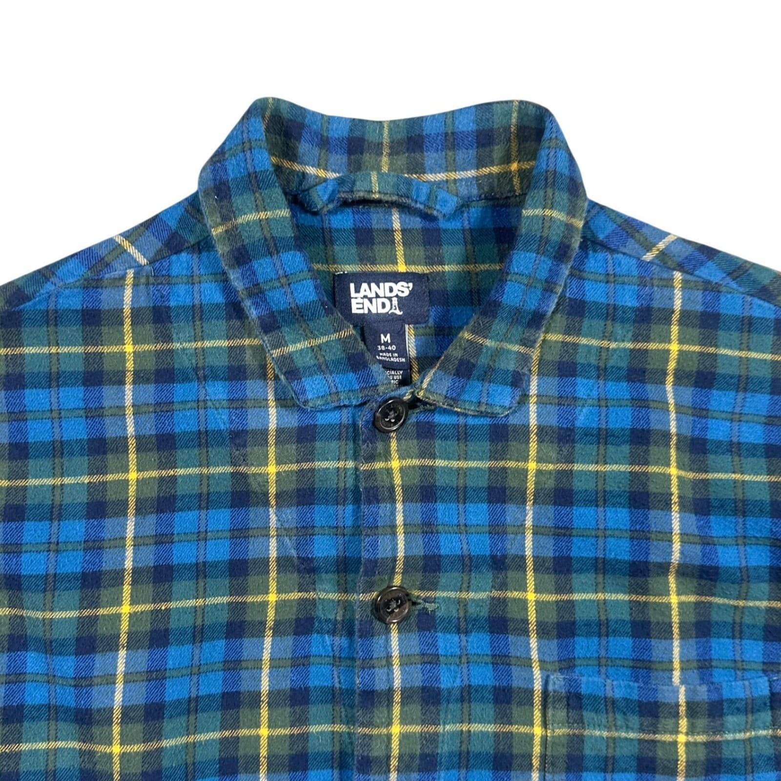 Lands' End Flannel Shirt Mens M Blue Yellow Excellent Plaid Button Down Cotton - Thumbnail 5