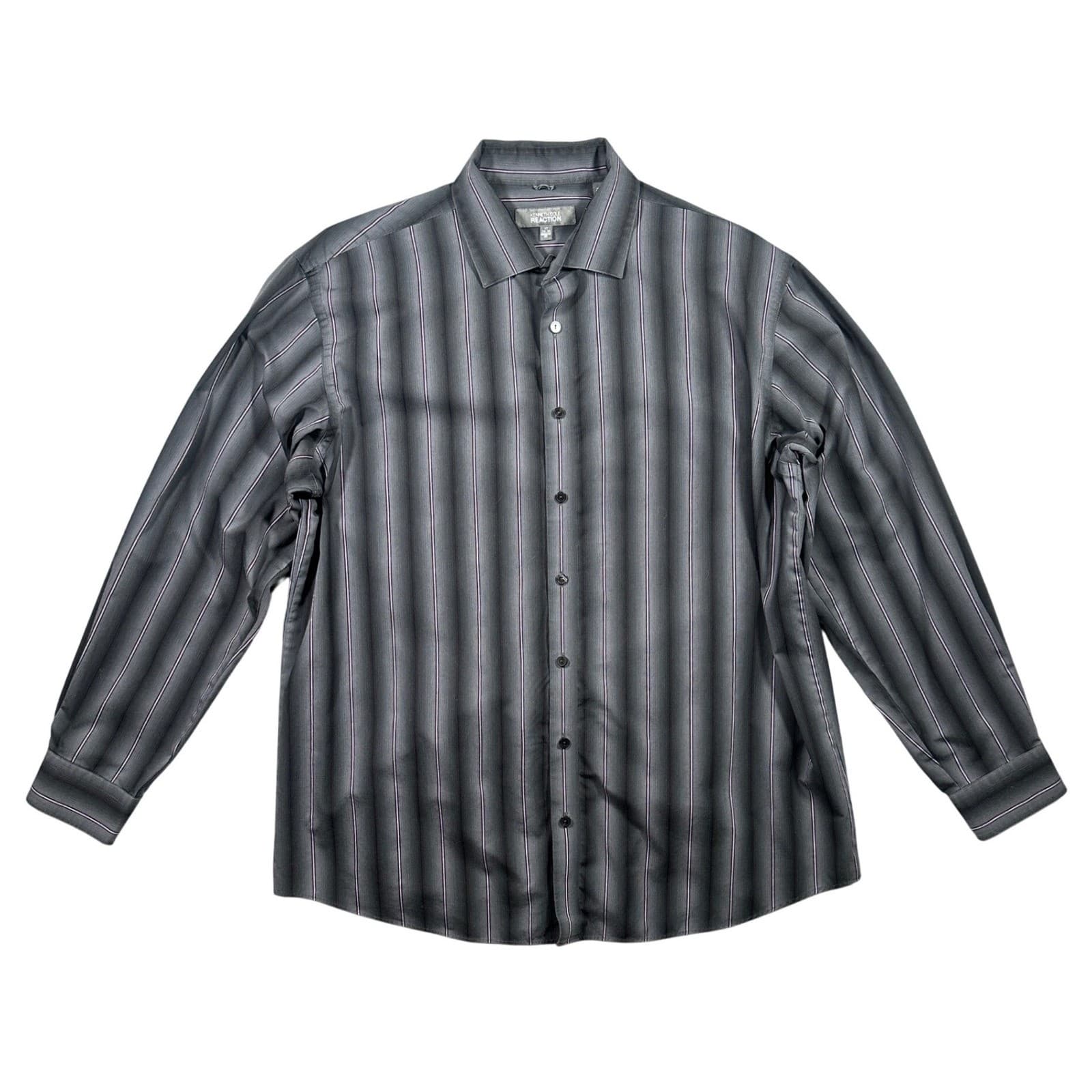 Kenneth Cole Reaction Button Down Mens 17 34-35 Grey Wrinkle Free Striped - Thumbnail 2