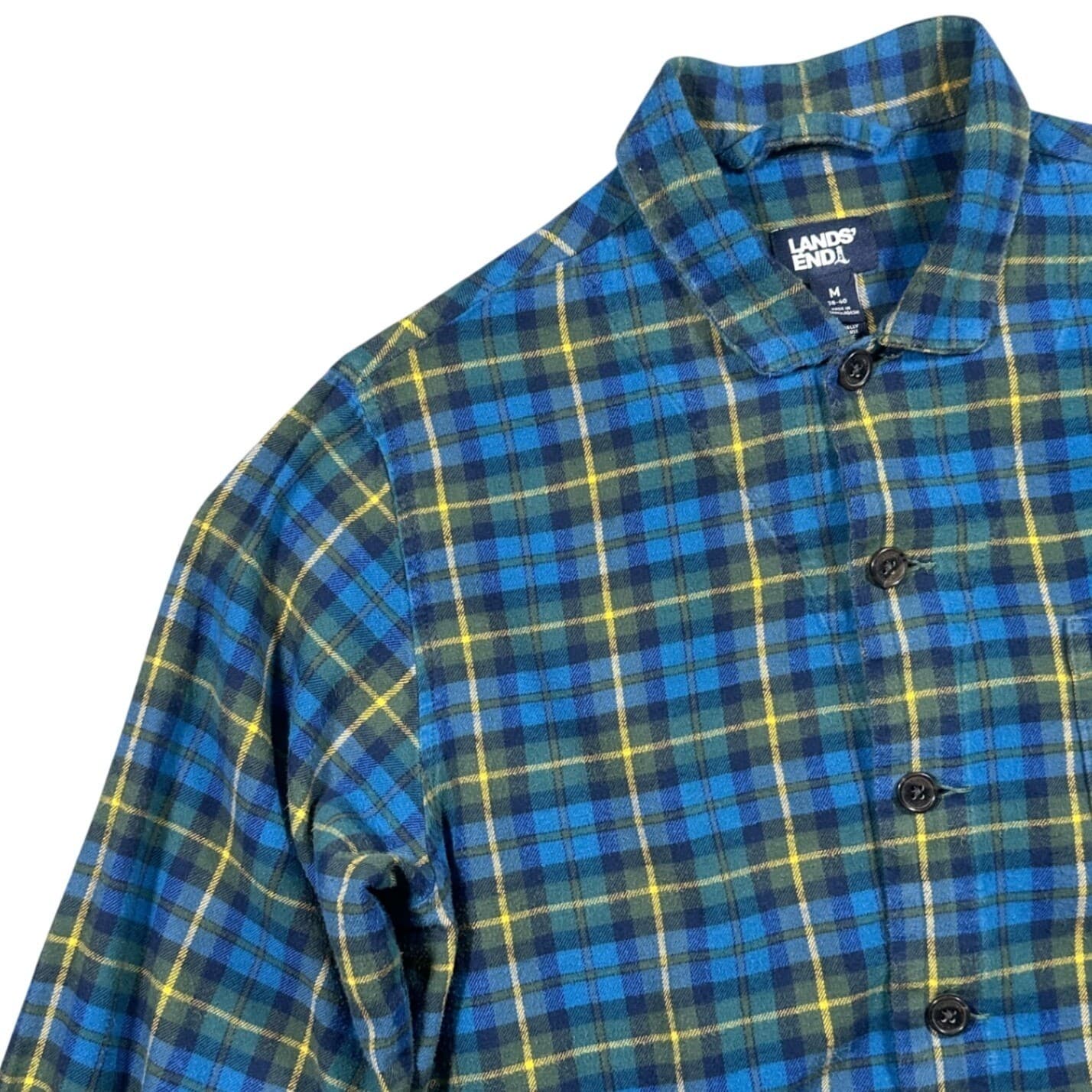 Lands' End Flannel Shirt Mens M Blue Yellow Excellent Plaid Button Down Cotton - Thumbnail 3