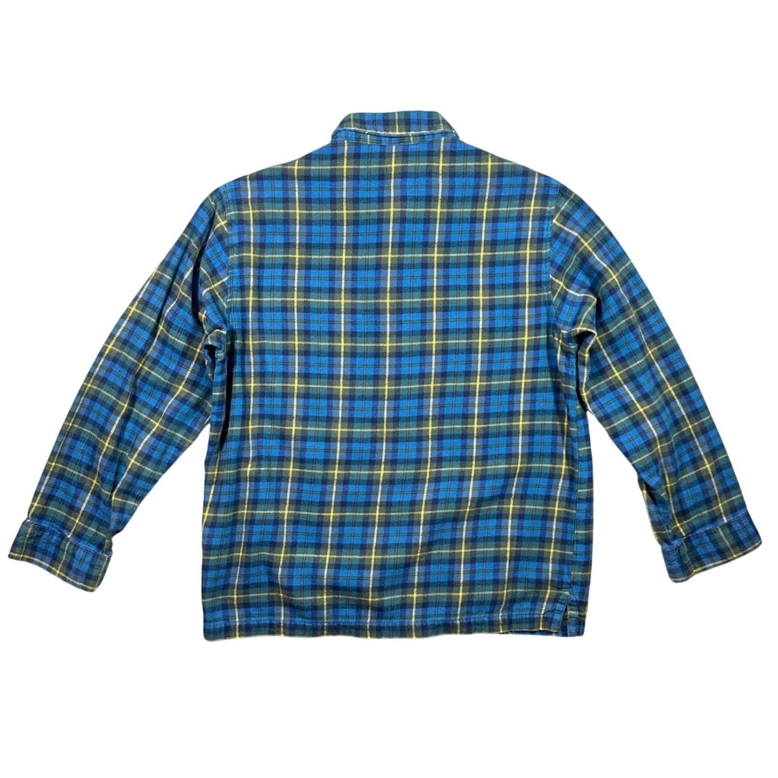 Lands' End Flannel Shirt Mens M Blue Yellow Excellent Plaid Button Down Cotton - Thumbnail 2