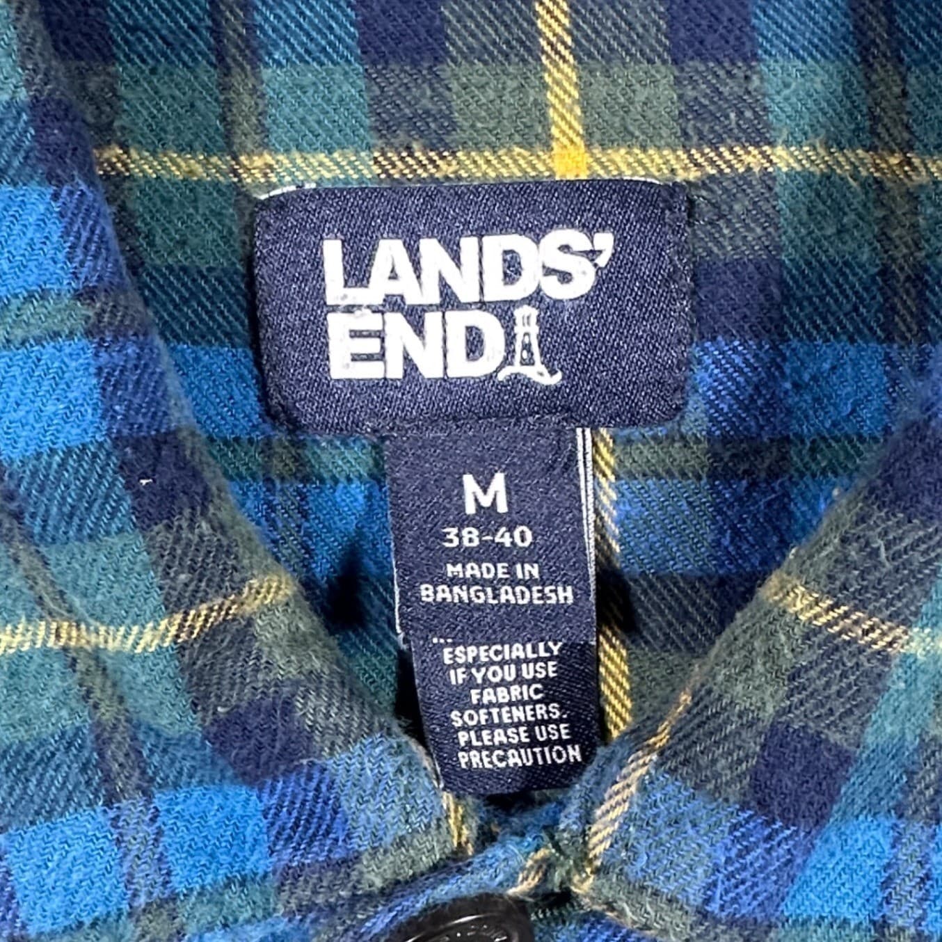Lands' End Flannel Shirt Mens M Blue Yellow Excellent Plaid Button Down Cotton - Thumbnail 7