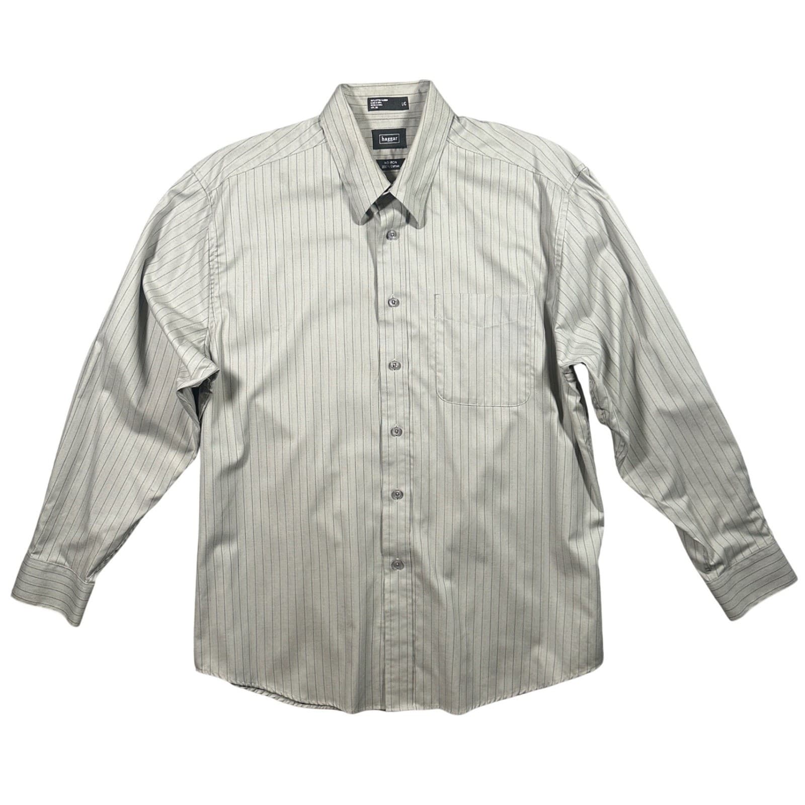 Haggar Button Down Shirt Mens Large Grey Excellent No Iron Striped Long Sleeve - Thumbnail 2