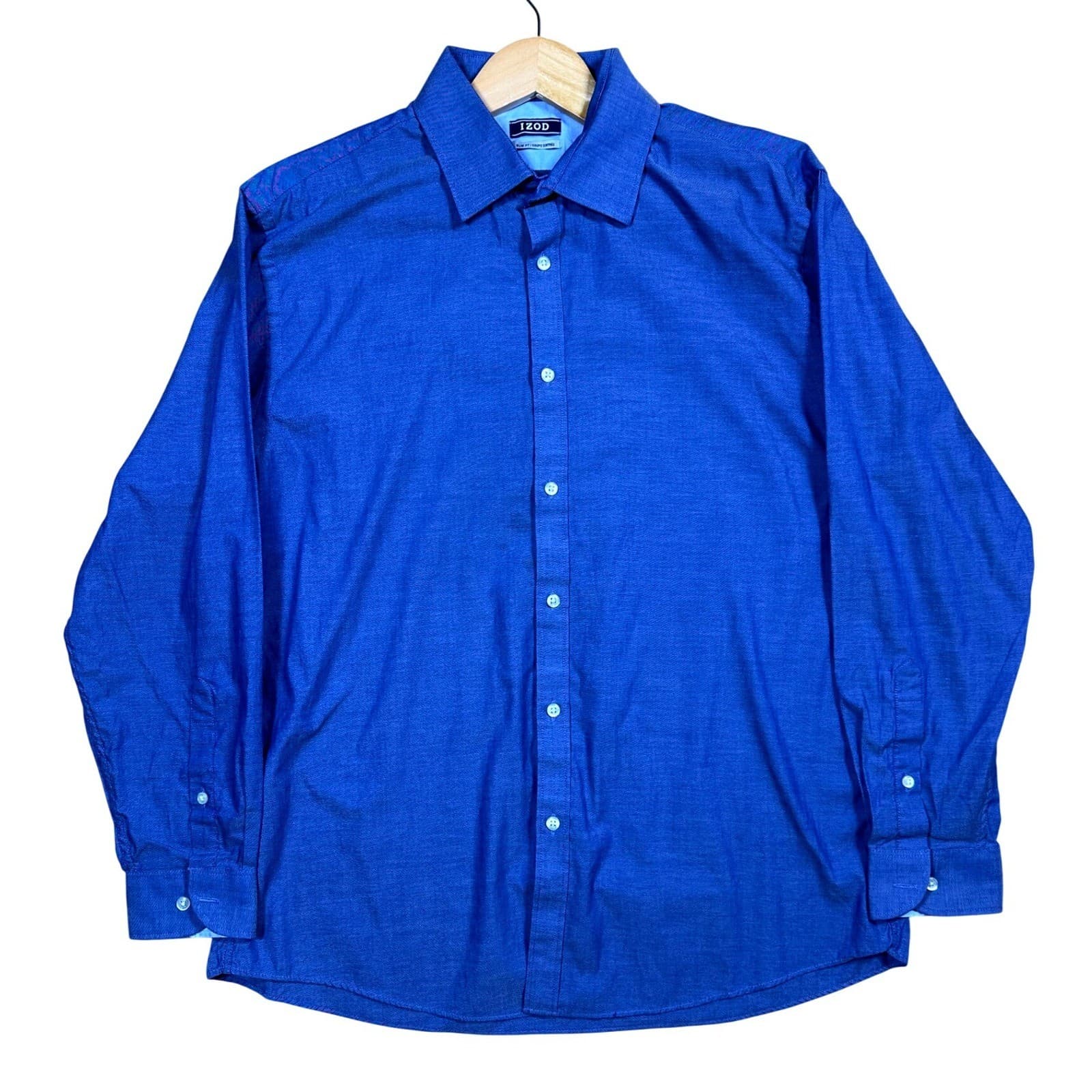 IZOD Mens Slim Fit Long Sleeve Button Down Dress Shirt Blue Size Large 16-16.5 - Thumbnail 2
