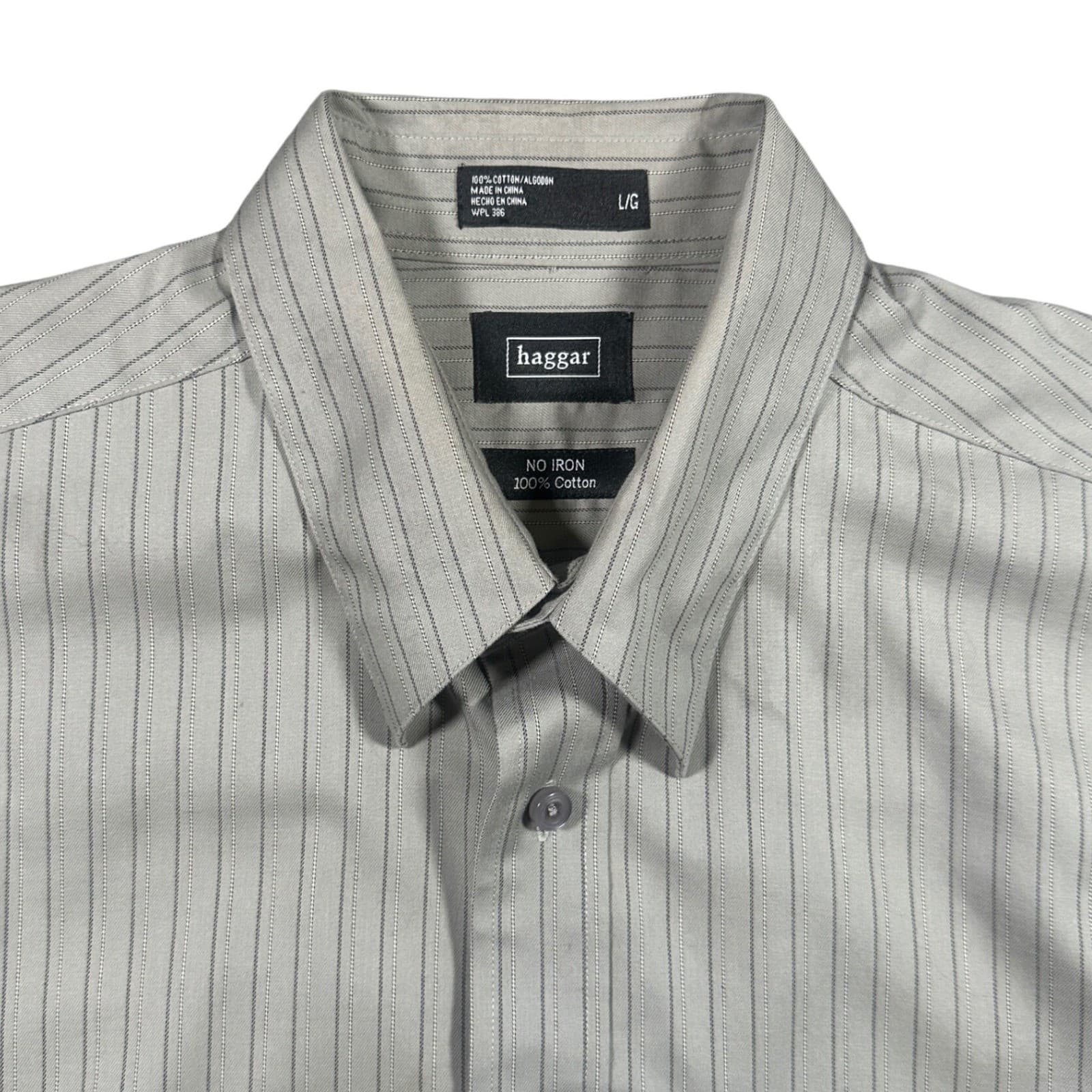 Haggar Button Down Shirt Mens Large Grey Excellent No Iron Striped Long Sleeve - Thumbnail 4