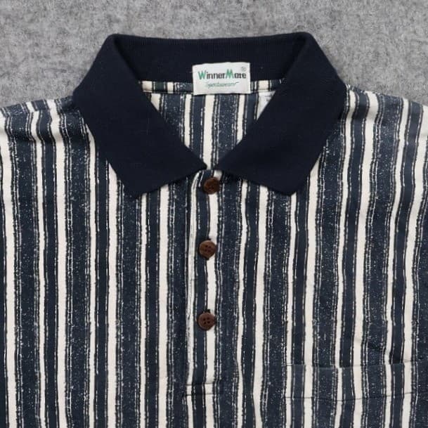 Winner Mate Polo Shirt Mens L Blue Excellent Vintage Striped Cotton Short Sleeve - Thumbnail 3
