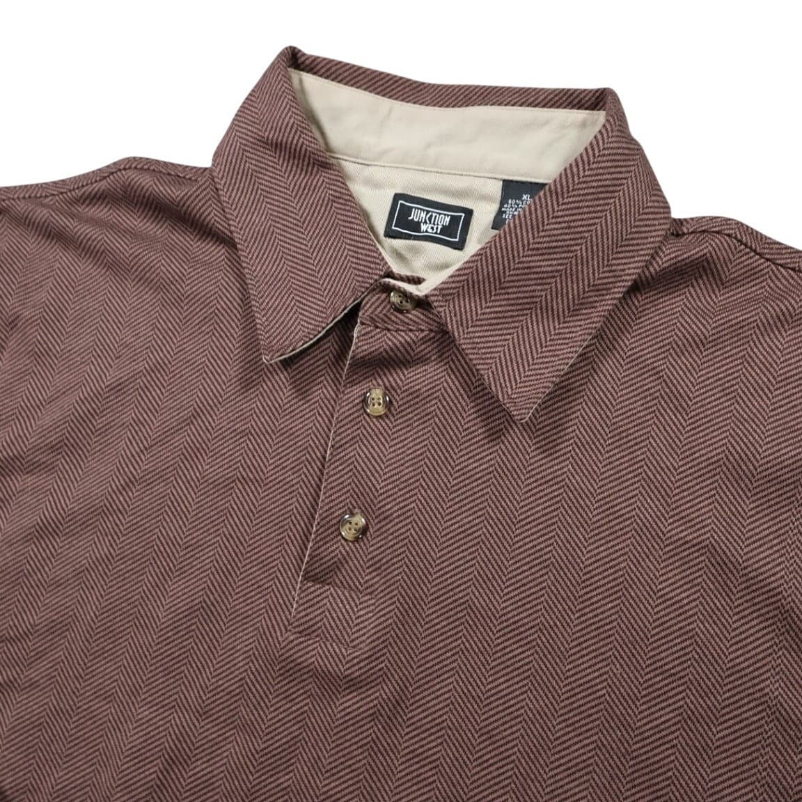 Junction West Long Sleeve Polo Mens XL Brown Excellent Vintage Herringbone Knit - Thumbnail 3