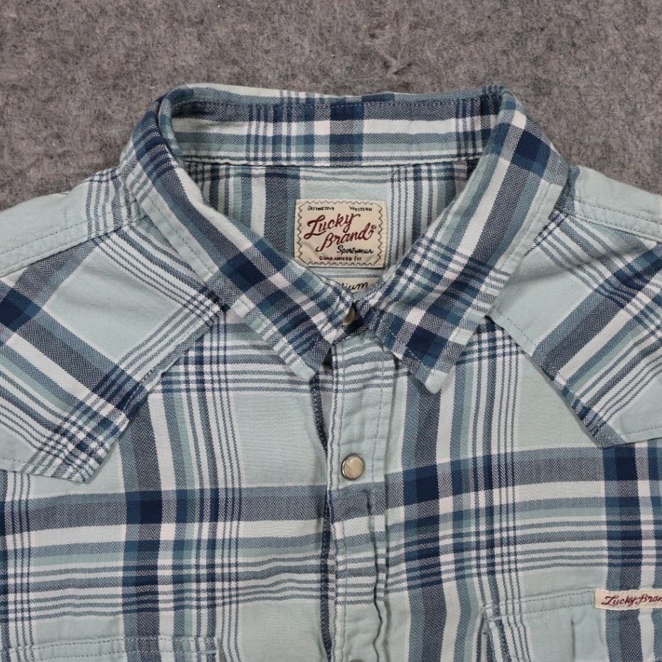 Lucky Brand Button Front Shirt Mens Medium Blue Excellent Plaid Western Snap - Thumbnail 3