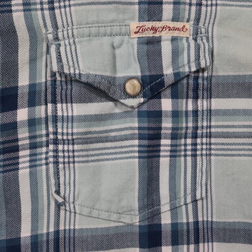 Lucky Brand Button Front Shirt Mens Medium Blue Excellent Plaid Western Snap - Thumbnail 4