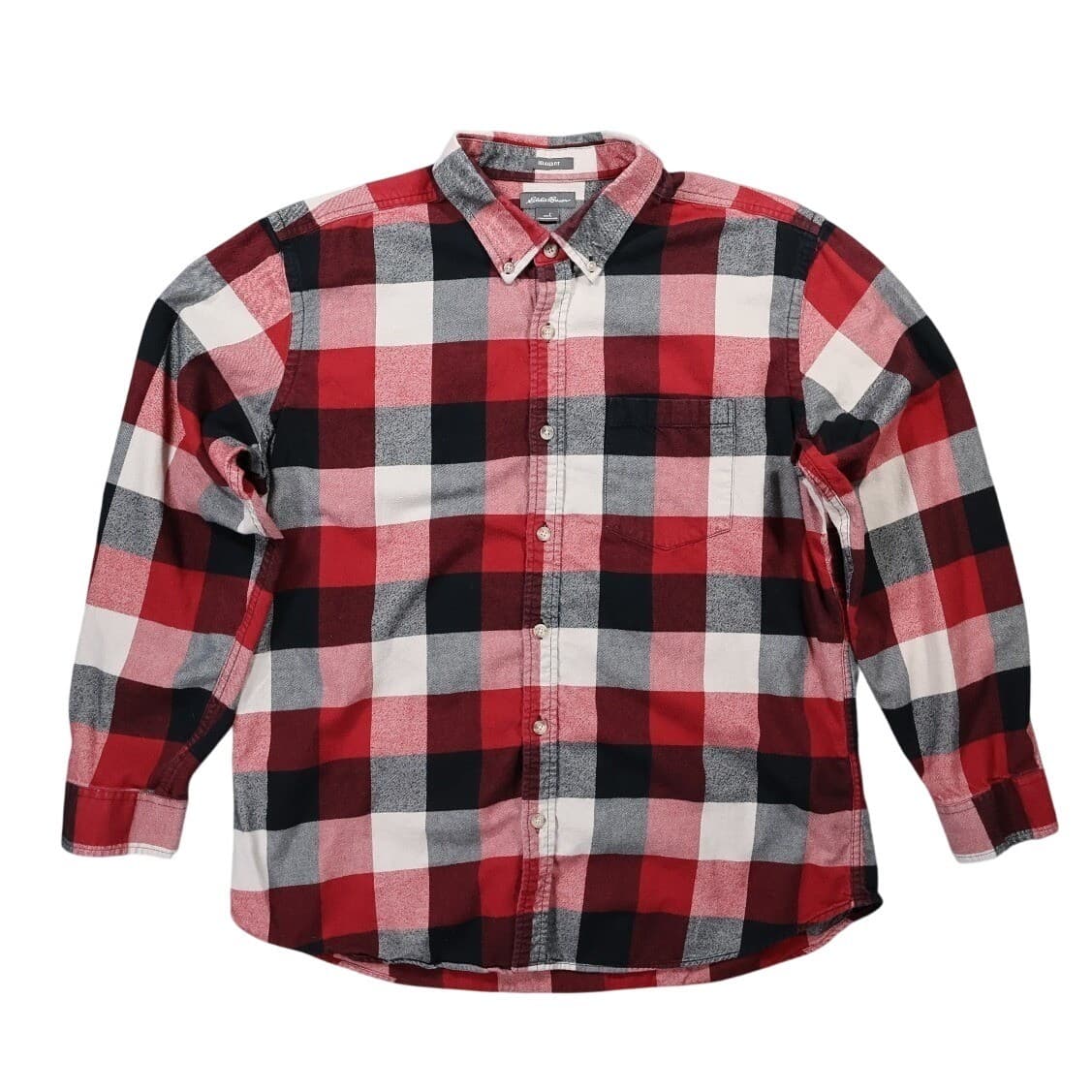 Eddie Bauer Flannel Button Up Mens L Red Excellent Plaid Relaxed Fit Cotton - Thumbnail 2