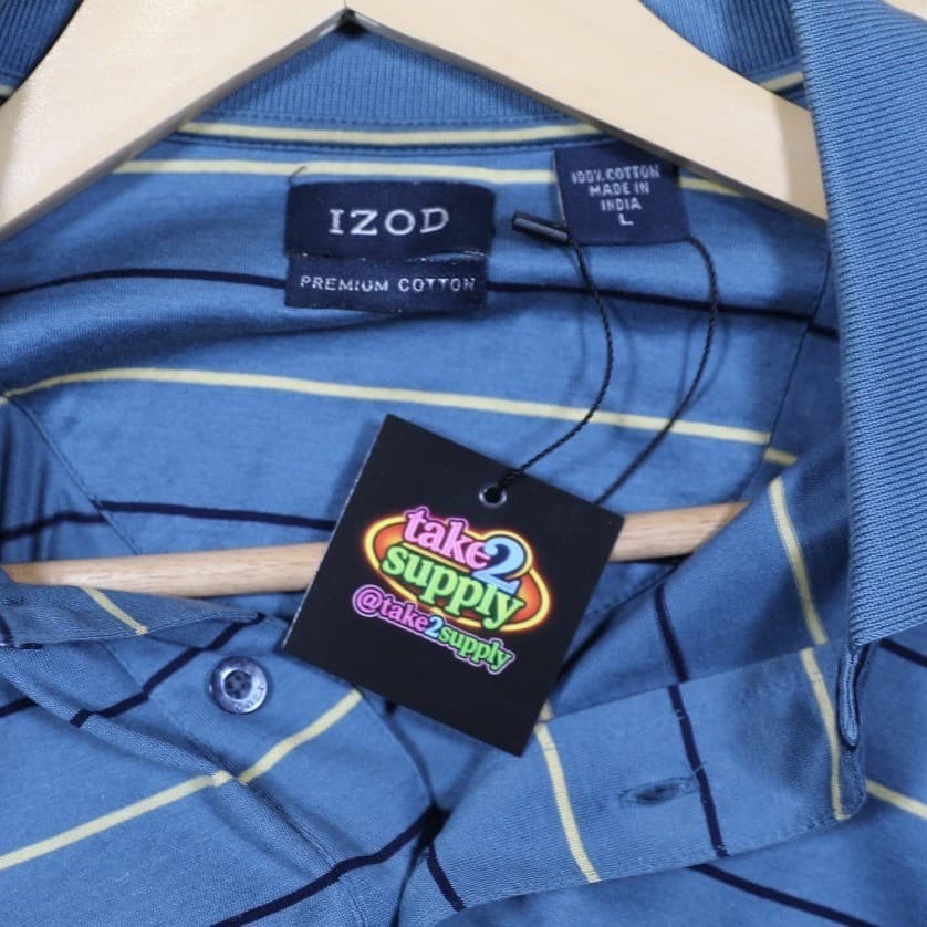 IZOD Mens Premium Cotton Blue Striped Short Sleeve Polo Shirt Size L - Thumbnail 7