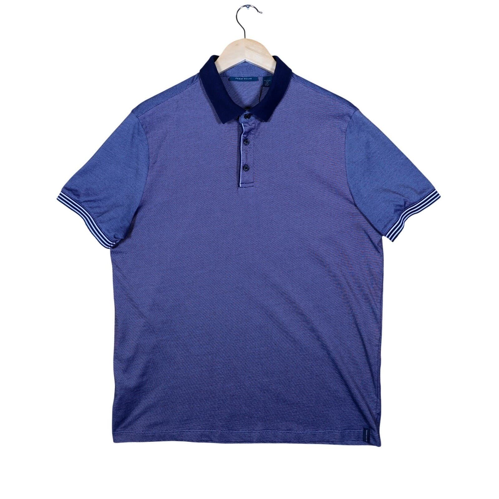 Perry Ellis Mens Polo Shirt Blue Stripe Short Sleeve Button Up Size Large - Thumbnail 3