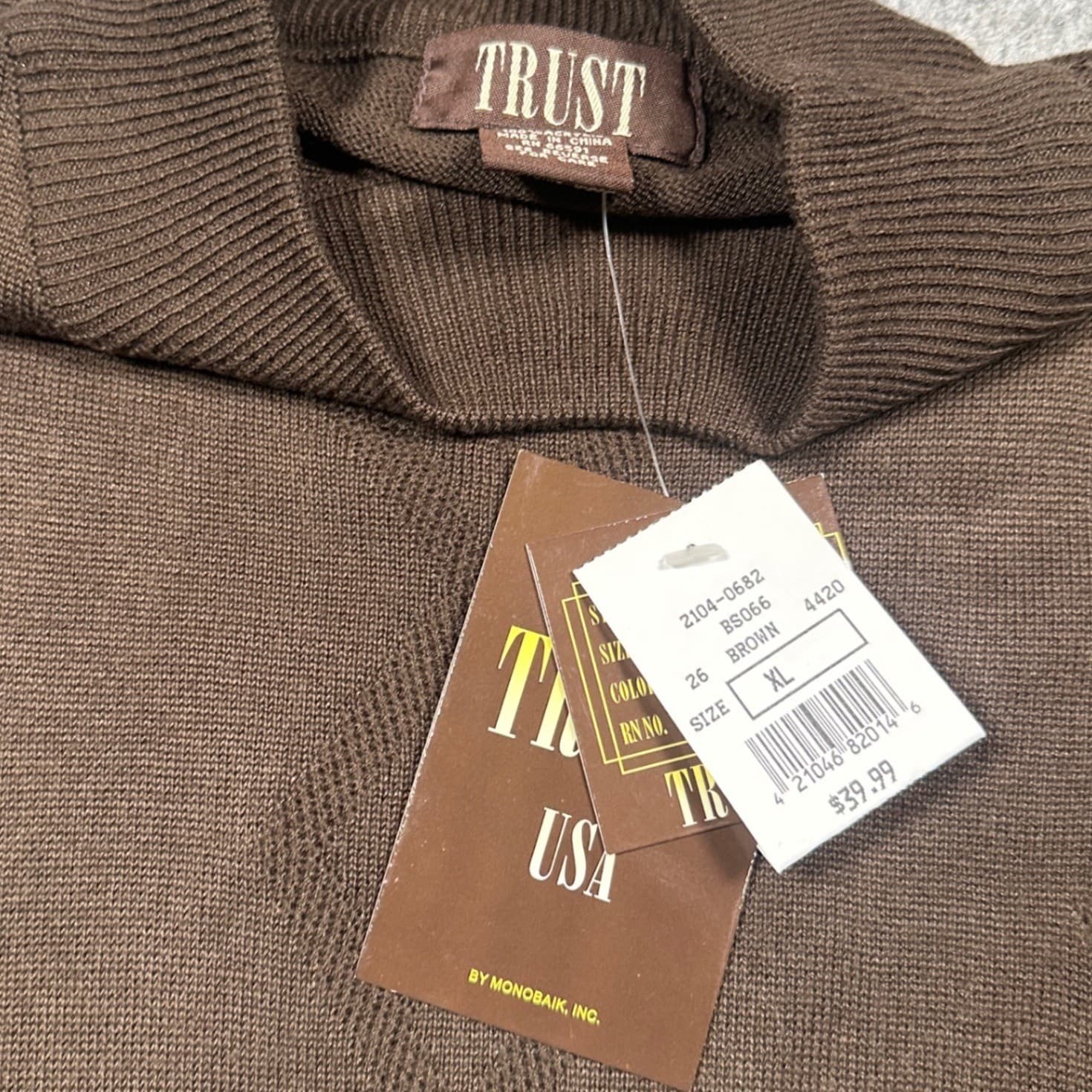 Trust Mock Neck Sweater Mens XL Brown New Diamond Textured Knit BS066 - Thumbnail 8