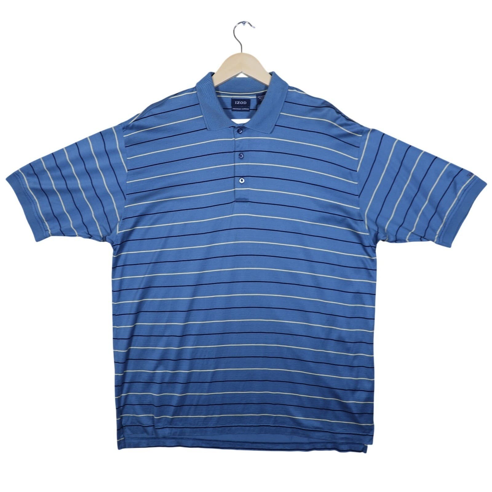 IZOD Mens Premium Cotton Blue Striped Short Sleeve Polo Shirt Size L - Thumbnail 3