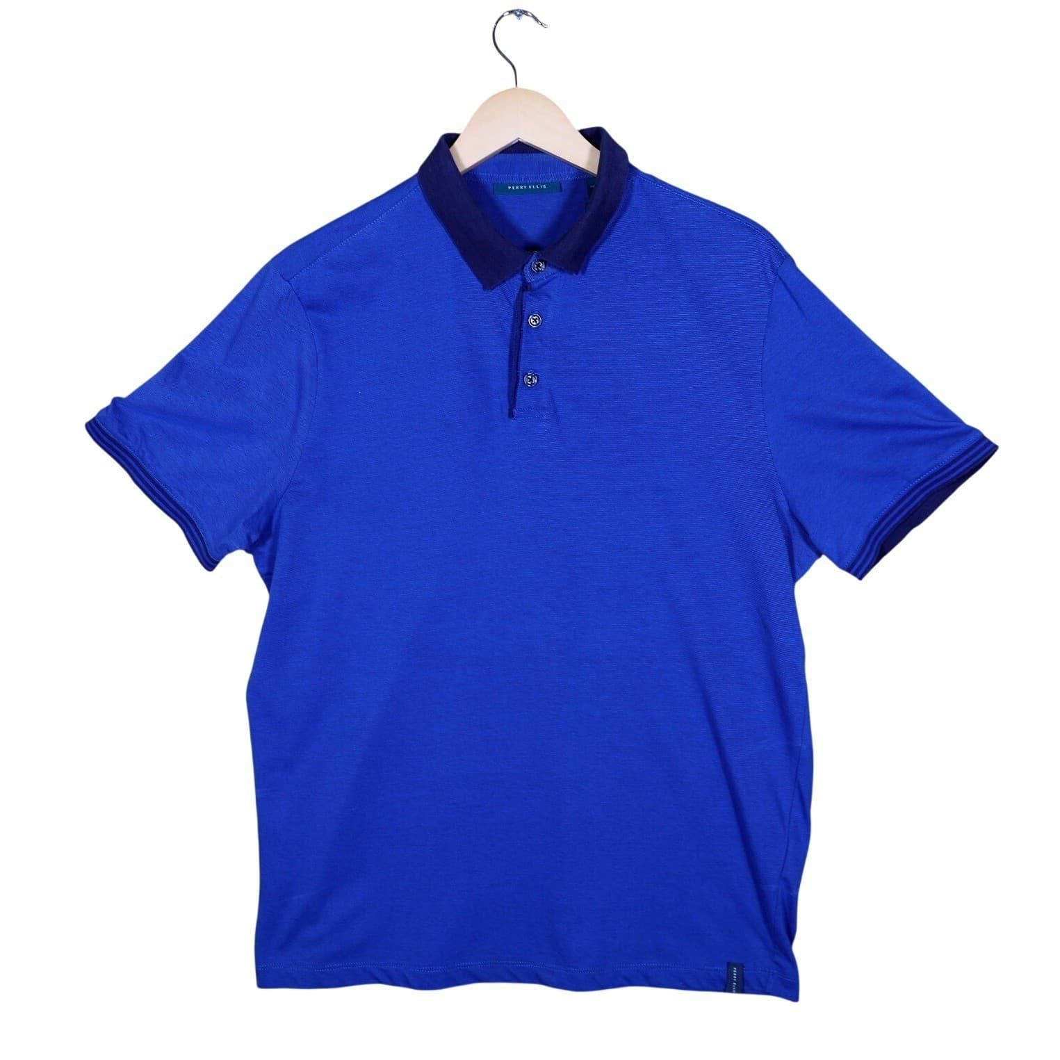 Perry Ellis Men Royal Blue Textured Polo Shirt Short Sleeve Collared Size Large - Thumbnail 3