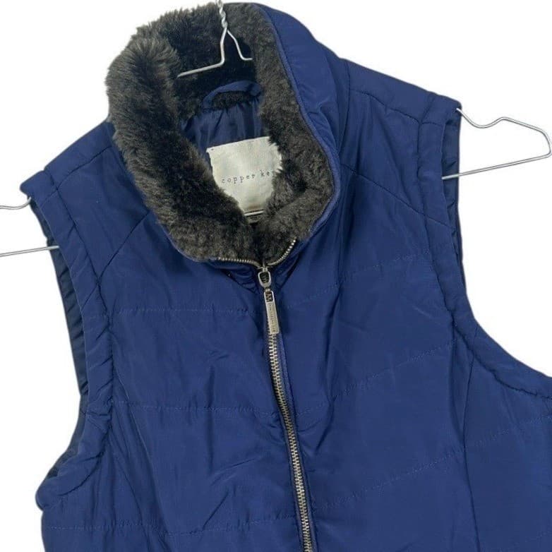 Copper Key Women Navy Quilted Puffer Vest Fur Collar Zip Pockets XS - Thumbnail 3