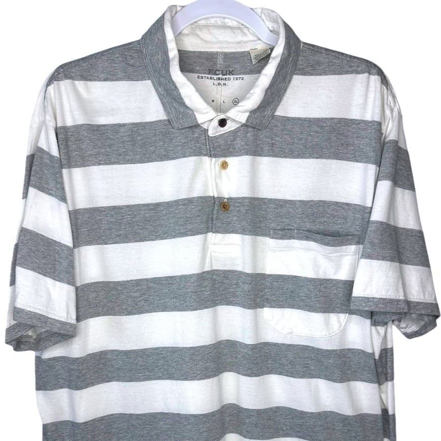 FCUK Mens Striped Polo Shirt Short Sleeve Pocket Tee Gray White L - Thumbnail 4