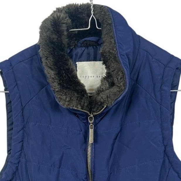 Copper Key Women Navy Quilted Puffer Vest Fur Collar Zip Pockets XS - Thumbnail 5