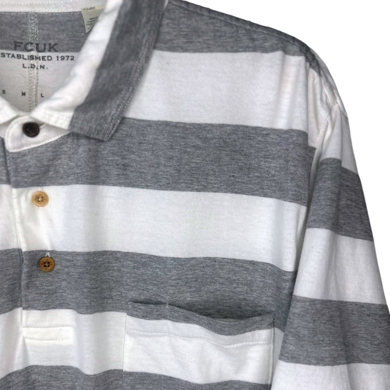 FCUK Mens Striped Polo Shirt Short Sleeve Pocket Tee Gray White L - Thumbnail 6