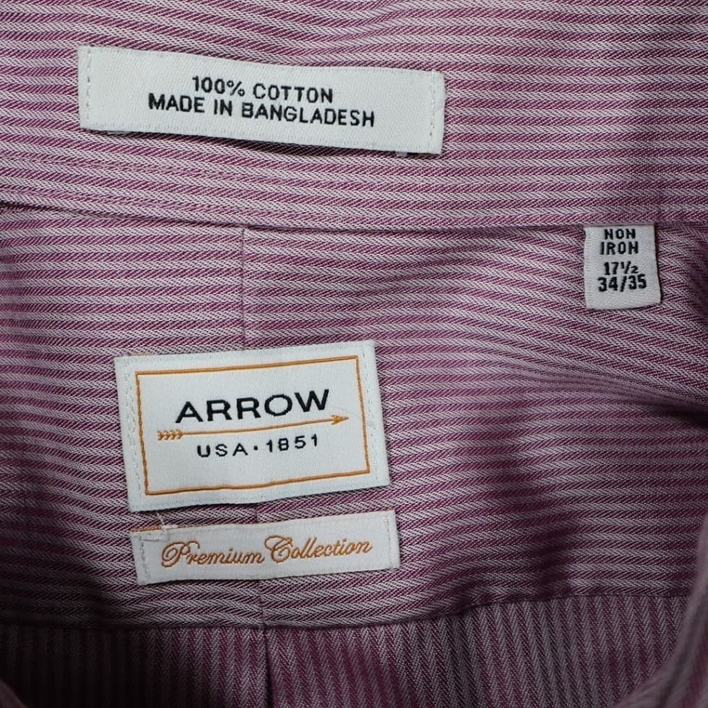 Arrow Dress Shirt Mens 17.5 34/35 Pink Excellent Non-Iron Cotton Striped LS - Thumbnail 4