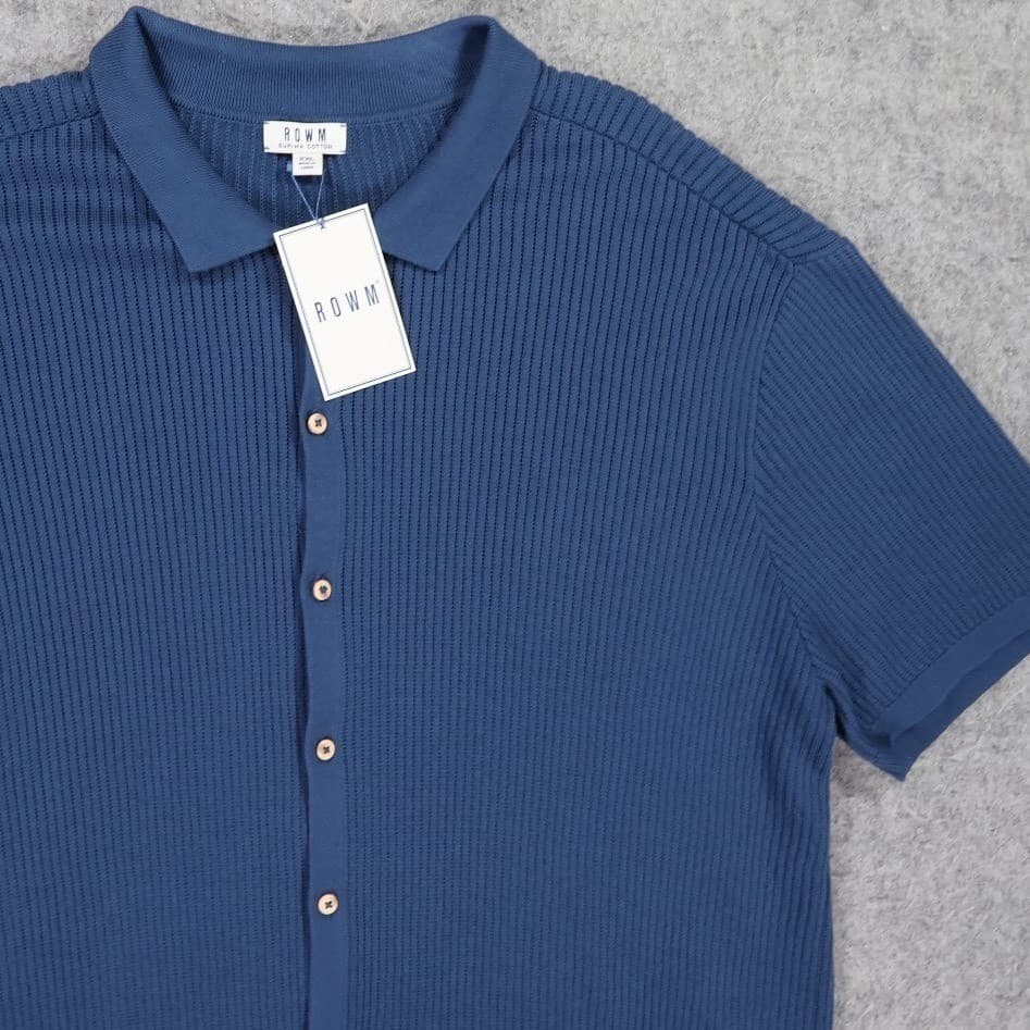 ROWM Button Up Polo Shirt Mens XXL Blue New Supima Cotton Ribbed Short Sleeve - Thumbnail 5