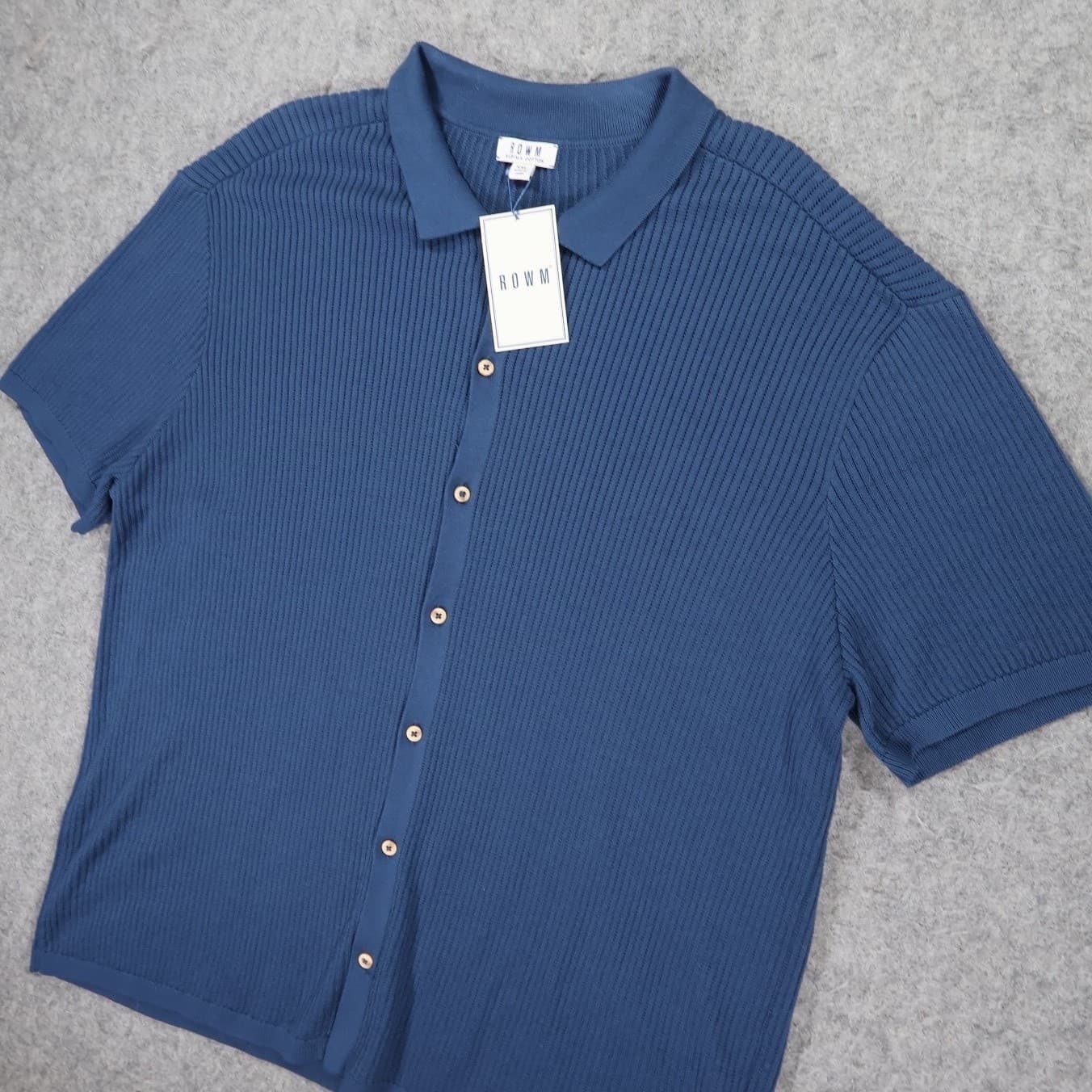 ROWM Button Up Polo Shirt Mens XXL Blue New Supima Cotton Ribbed Short Sleeve - Thumbnail 3