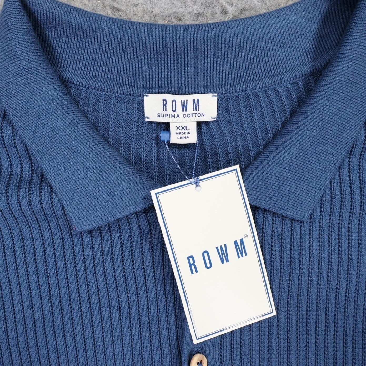 ROWM Button Up Polo Shirt Mens XXL Blue New Supima Cotton Ribbed Short Sleeve - Thumbnail 7