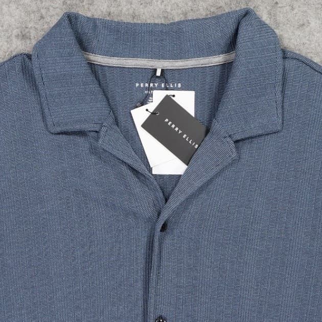 Perry Ellis Button Up Shirt Mens 2XL Blue NEW Textured Short Sleeve Camp Collar - Thumbnail 3