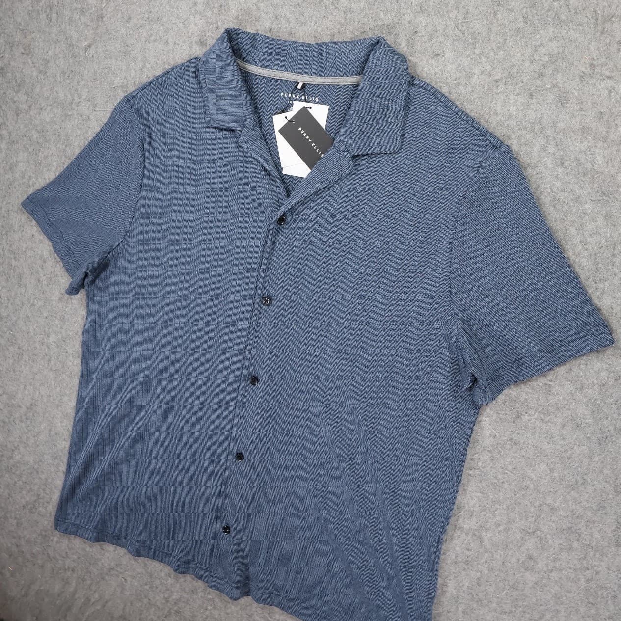 Perry Ellis Button Up Shirt Mens 2XL Blue NEW Textured Short Sleeve Camp Collar - Thumbnail 4