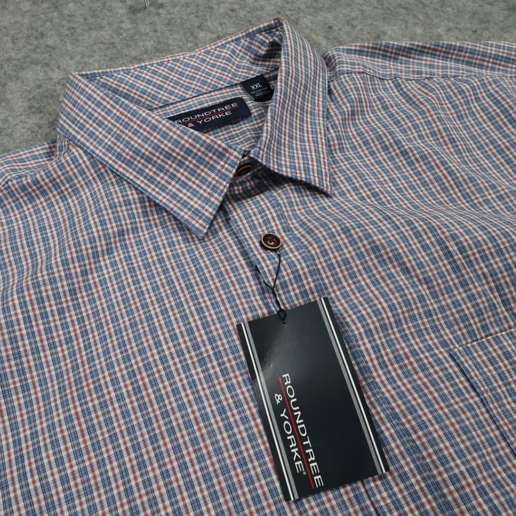Roundtree & Yorke Button Up Shirt Mens XXL Blue NWT Plaid Short Sleeve Cotton - Thumbnail 3