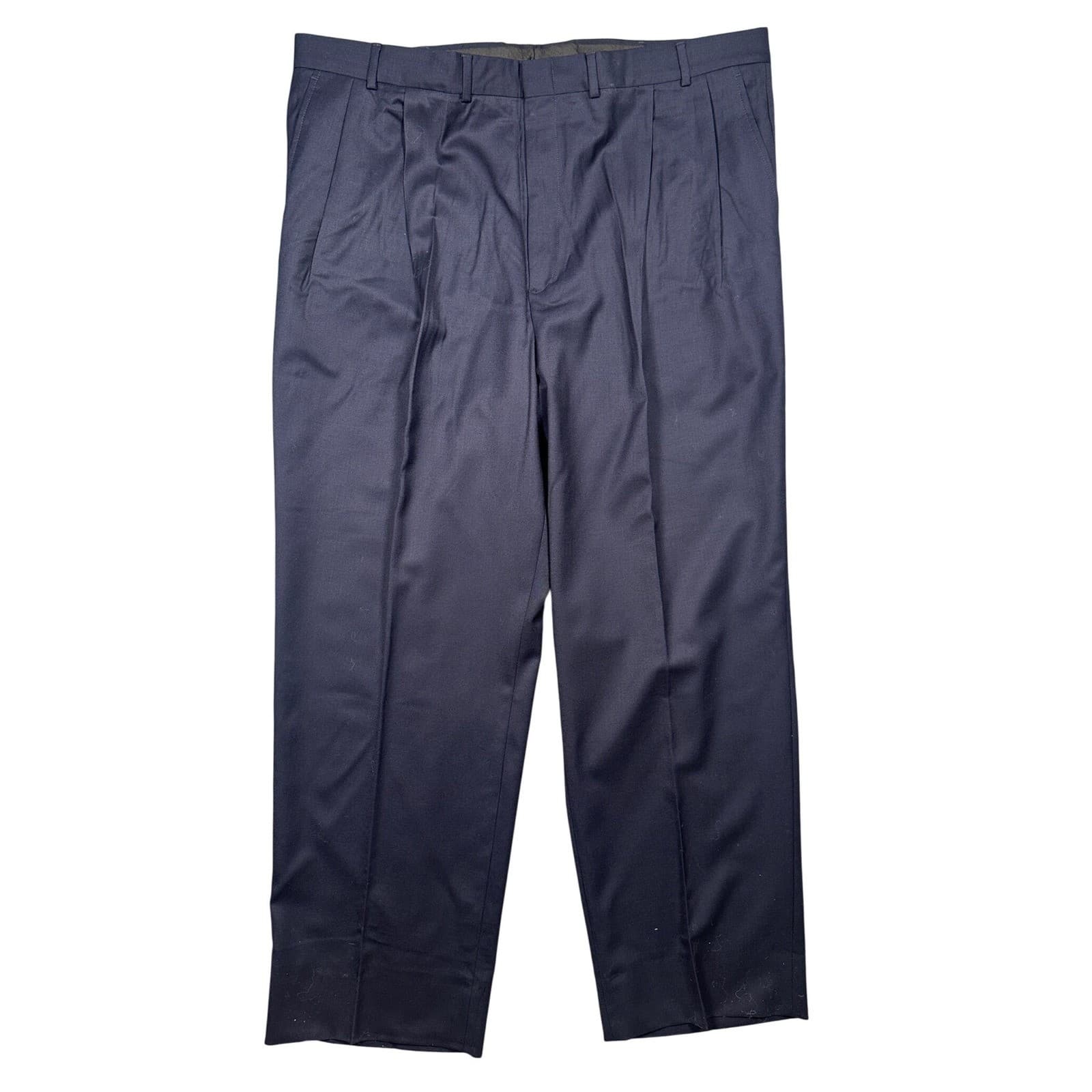 Lands' End Dress Pants Mens 44L Navy Blue Excellent 100% Wool Pleated Front - Thumbnail 2