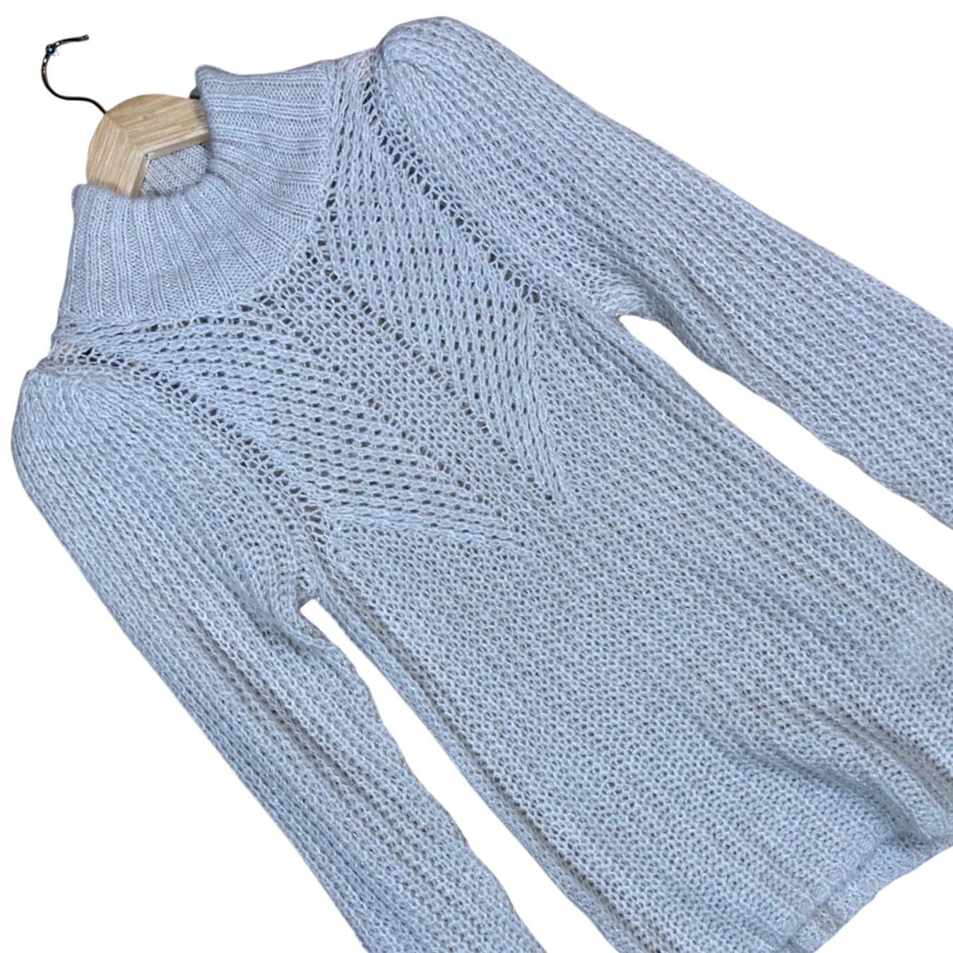 Express Womens Turtleneck Sweater Knit Mesh Detail Long Sleeve Light Gray XS - Thumbnail 2