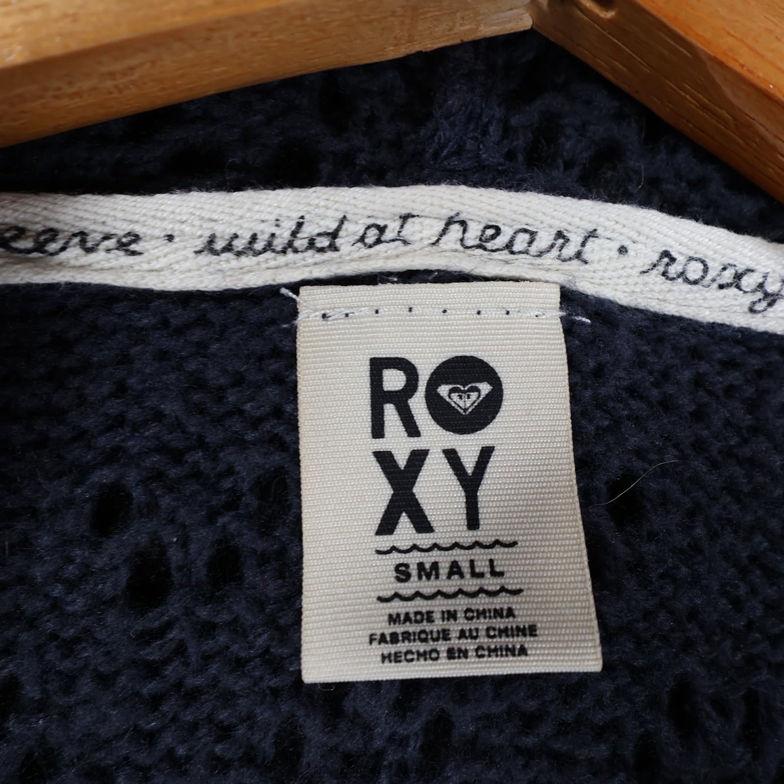 Roxy Knit Hoodie Women Small Navy Blue Acrylic Nylon Pointelle Crochet Pullover - Thumbnail 7
