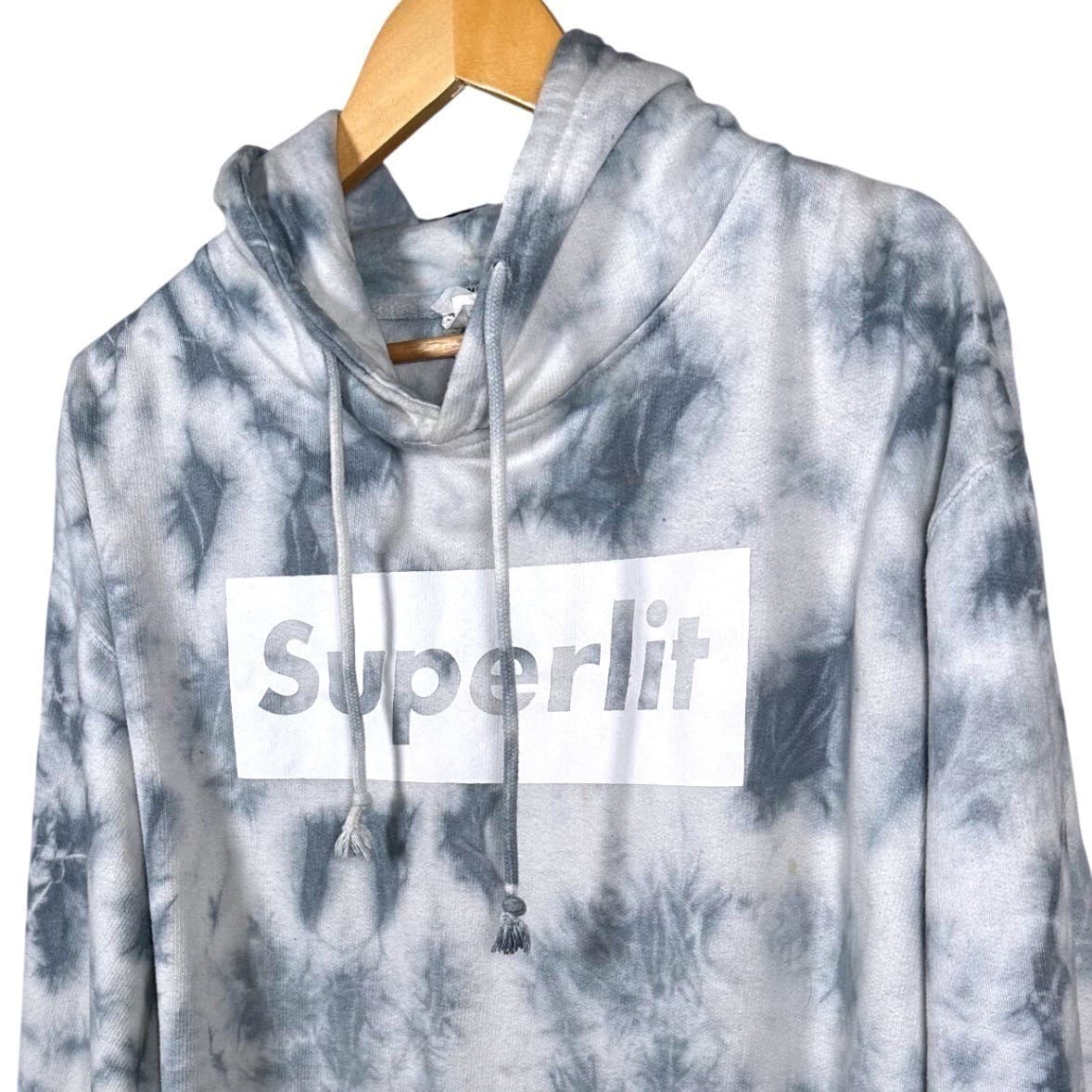 Superlit Tie Dye Hoodie Sweatshirt Pullover Gray White "Superlit" Logo Size L - Thumbnail 4