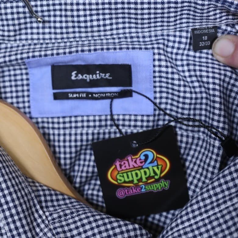 Esquire Slim Fit Non Iron Gingham Dress Shirt Blue White Mens Size XXL 18-32/33 - Thumbnail 5