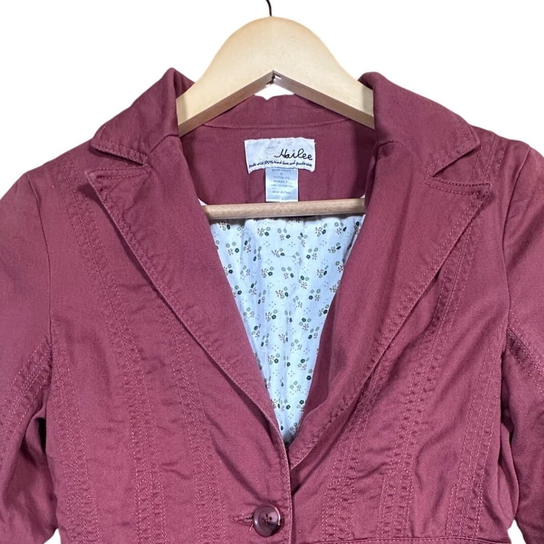 Hailee Womens Small Burgundy Red Button Front Blazer Jacket Floral Lining - Thumbnail 3