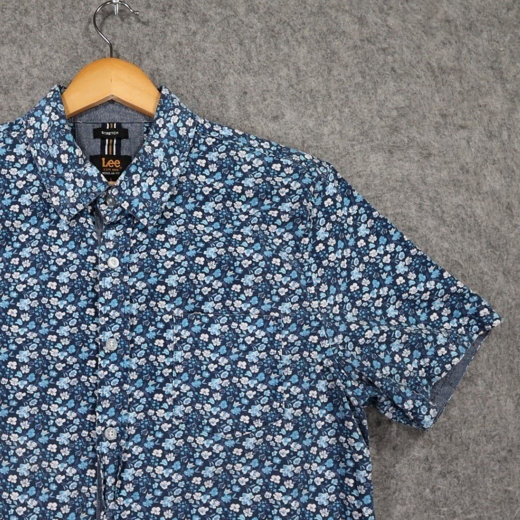 Lee Button Up Shirt Mens L Blue Excellent Floral Stretch Short Sleeve - Thumbnail 3