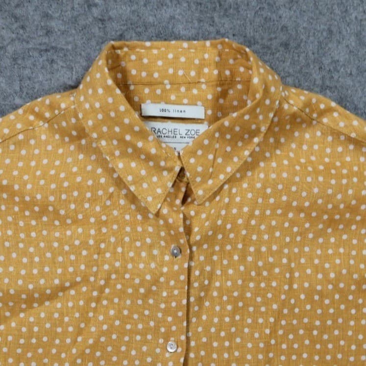 Rachel Zoe Button Up Women S Yellow Excellent 100% Linen Polka Dot Short Sleeve - Thumbnail 3