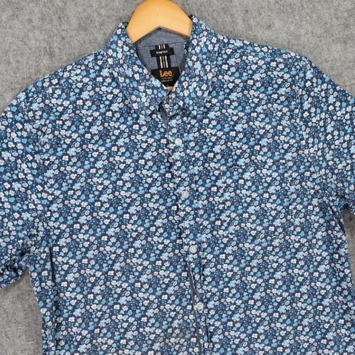 Lee Button Up Shirt Mens L Blue Excellent Floral Stretch Short Sleeve - Thumbnail 4