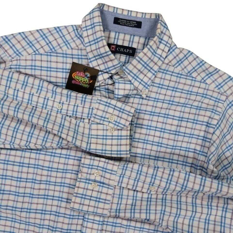 Chaps Button Down Shirt Mens M Blue Excellent Plaid Long Sleeve Classic Fit - Thumbnail 3